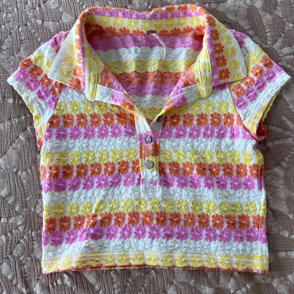 Free People Floral Cropped Polo